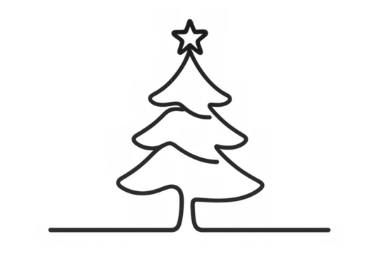 Christmas tree minimalist line drawing icon with a star, symbolizing holidays, winter, and celebration on a transparent background - Powered by Adobe