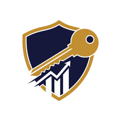 A golden key superimposed on a shield with a rising bar graph, symbolizing security and financial growth.
