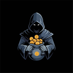 A dark hooded figure with glowing eyes holds a sack overflowing with golden dollar coins, depicted in a mysterious illustration.