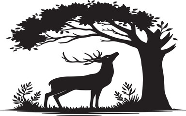 A silhouette of a majestic stag standing beneath a leafy tree
