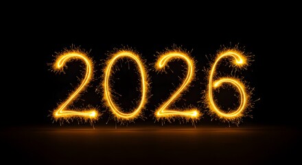 2026 written in glowing golden sparkler firework light trails on a dark black background, new year celebration concept
