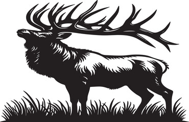 Detailed illustration of a majestic elk with large antlers standing in grass