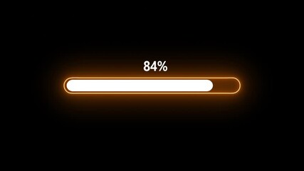 Glowing neon rectangle Loading icon animation from 0 to 84 percent on with transparent background.