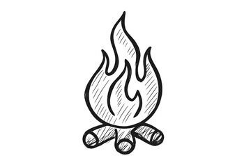 Simple hand drawn bonfire icon depicting burning wood logs and rising flames in black and white