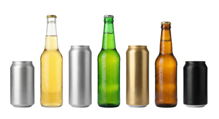 Variety of beverage cans and bottles isolated on a plain surface