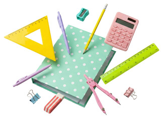 An assortment of stationery items arranged on a plain backdrop for educational purposes