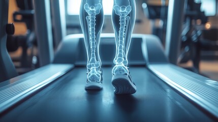 X-ray holographic visualization of human legs walking on treadmill in fitness lab, biomechanics, medical innovation, health technology, digital diagnostics, scientific research motion analysis anatomy