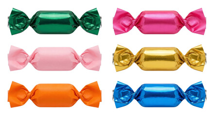 A delectable assortment of individually wrapped candies in vibrant metallic wrappers on an