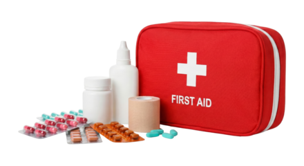Essential first aid kit with medicines bandages and antiseptic spray for emergencies isolated