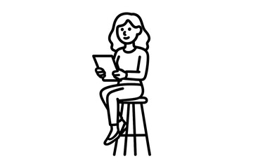 Woman sitting on high stool holding tablet device and looking at screen