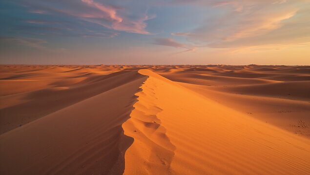 Glowing sand dune ridge stretching toward horizon at sunrise, showing ripples and slip faces