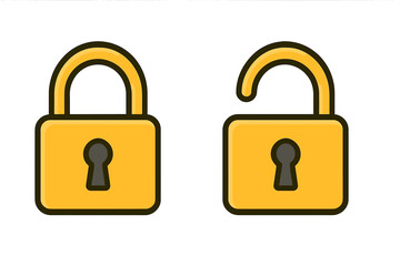 Yellow padlocks in locked and unlocked states representing digital security and access control