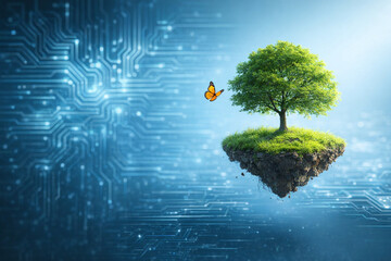 AI generated floating green island with tree and butterfly over digital circuit background symbolizing sustainable technology clean energy and harmony between nature and future innovation