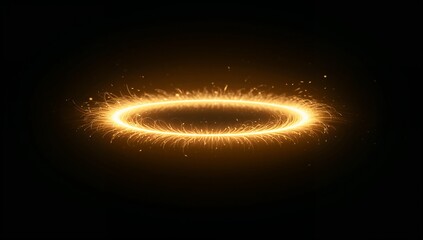 Hovering glowing golden ring emitting spark trails in black void, with halo glow