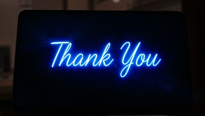 Displaying neon-blue cursive Thank You glowing on dark rounded display with black bezel in dim room