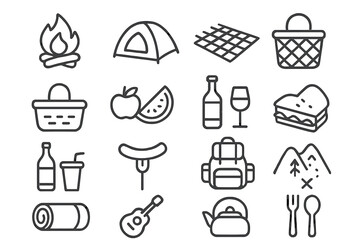 Outdoor recreation and summer activity symbols including camping, hiking, and picnicking elements