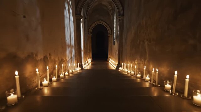 Cinematic dolly shot moving through a dark stone corridor lined with glowing candles. Gothic church or castle hallway interior at night. Spiritual vigil and mystery concept