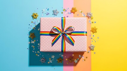 Pink gift box with rainbow ribbon and confetti on colorful background