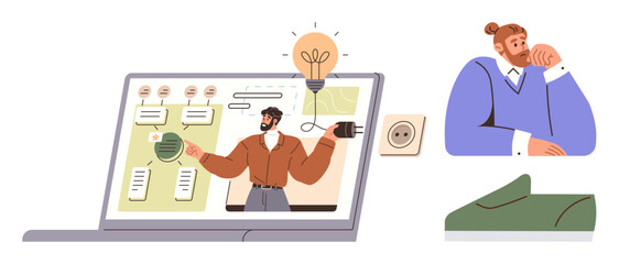 Man reflecting on innovation while viewing a virtual presentation on problem-solving and workflow. Ideal for brainstorming, e-learning, creativity, innovation, remote work, team collaboration