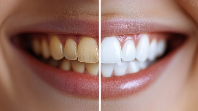 Close-up of female smile showing comparison between yellow teeth before whitening and bright white teeth after treatment, dental care, oral hygiene, health, beauty, and cosmetic dentistry improvement.