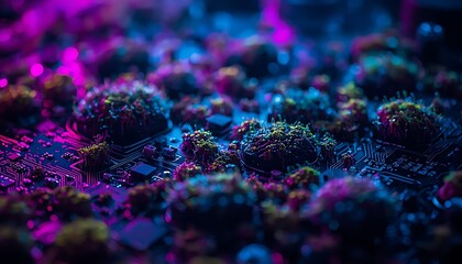 Abstract macro view of bioluminescent or cybernetic microorganisms glowing with vibrant pink and blue neon lights on a dark surface