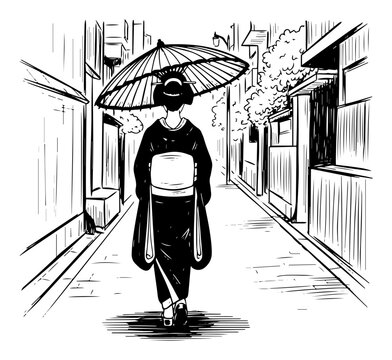 Rear view of Japanese geisha woman in kimono walking on street with umbrella Vector black and white sketch of traditional Asian culture