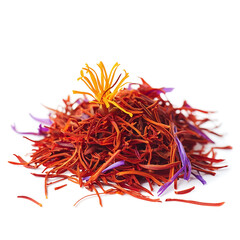 Obraz premium Saffron Threads Isolated on White Background 하얀 배경에 분리된 사프란 실 가닥