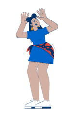 Worried curvy latina woman in shock raised hands 2D doodle character. Frightened plus size hispanic girl reacting cartoon person vector drawing isolated on white. Hand drawn illustration colorful