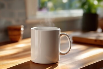 Fototapeta premium Steaming white coffee mug on wooden table in sunlit kitchen setting