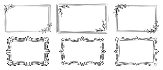 Set of hand drawn rectangular frames with floral elements Vector black and white illustration of vintage borders for text and invitations