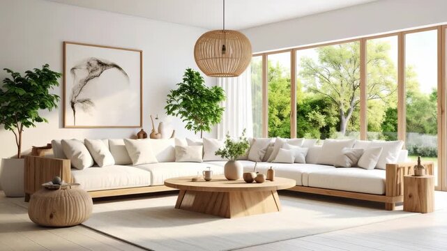 Bright living room with a sectional sofa, large windows overlooking a leafy green garden, hardwood floors, and modern decor