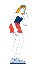 Worried woman in concerned pose rubbing face 2D doodle character. Thinking hesitation. Blonde anxious expression cartoon person vector drawing isolated on white. Hand drawn illustration colorful