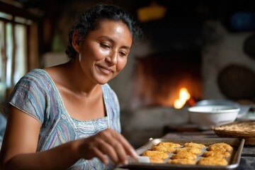 Hispanic woman baking cookies in rustic kitchen with warm firelight
