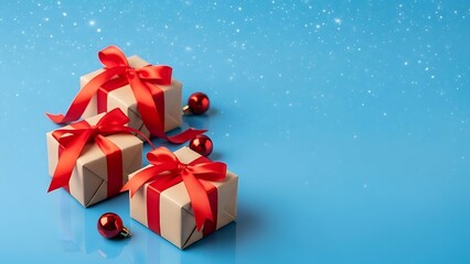 Elegant Christmas Gift Boxes Adorned with Ribbons on a Vibrant Sparkling Blue Background