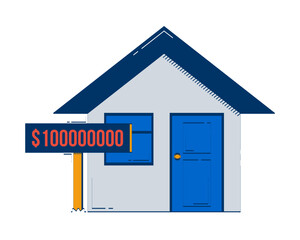 House with overpriced value tag 2D doodle object. Expensive property sale overvaluation. Housing market inflation cartoon element flat vector clipart isolated on white. Hand drawn illustration