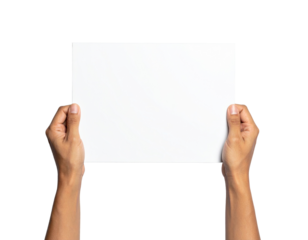 Hands holding a blank white paper sign for text or advertising Isolated on transparent or white, Cut out