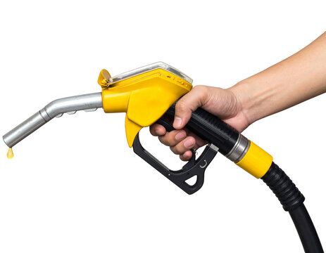 Hand holding a yellow fuel nozzle, Isolated on transparent or white, Cut out