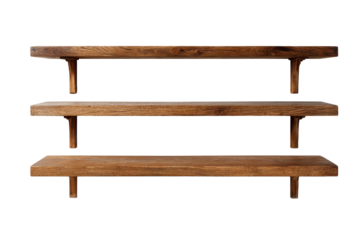 Three rustic wooden shelves with visible grain and knots against black shelf natural, Isolated On White Background, Png Transparent