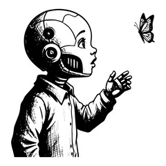 Robot Child Looking at Butterfly Vector Sketch Cute Android Boy Discovering Nature Illustration