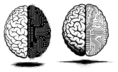 Human brain split half biological and half digital circuit board vector illustration representing artificial intelligence