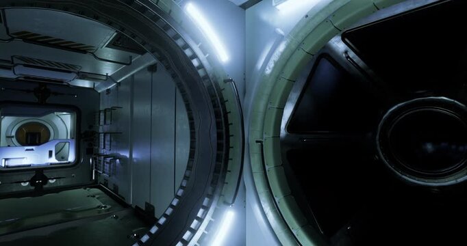 A sleek, futuristic corridor features metallic walls and ambient lighting. The design promotes a sense of advanced technology. This corridor likely connects various sections of a space station.