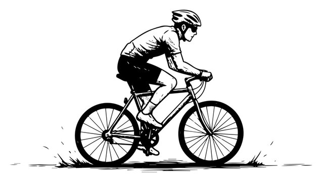 Male cyclist riding road bike fast side view Vector black and white sketch illustration of sportsman training with motion effects