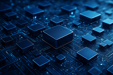 AI generated close view of blue microchips and digital circuit network forming high speed data processing cloud computing and advanced information technology foundation