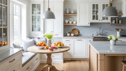 airy kitchen with white shaker style cabinetry