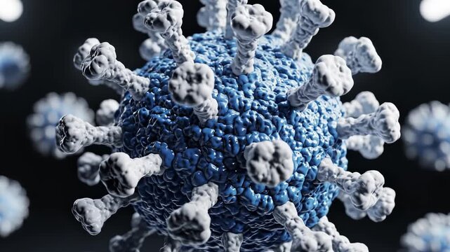 3D animation of a blue coronavirus cell rotating. Microscopic view of a COVID-19 pathogen structure with spike proteins. Medical science concept
