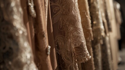 Displaying ornate embroidered gown hanging on boutique rack, catching warm light with beads