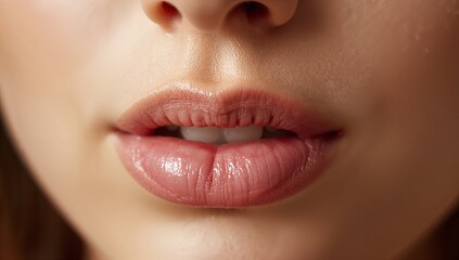 Fototapeta premium Showing woman's lower face highlighting glossy parted lips and top front teeth in studio close-up