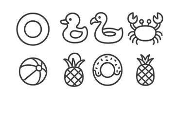 Summer beach and pool floating objects: rubber duck, swan, donut, life buoy, crab, beach ball, and pineapple fruit