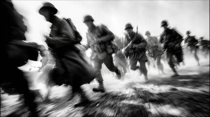 Soldiers running in formation through rough terrain during an intense military exercise or combat training under cloudy sky with a sense of urgency and motion blur.