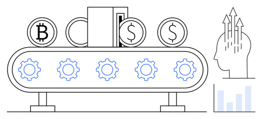 Cryptocurrency concept. Cryptocurrency processes illustrated with blockchain coins, gears, and automation. Cryptocurrency innovation for blockchain systems, fintech tools, digital investments